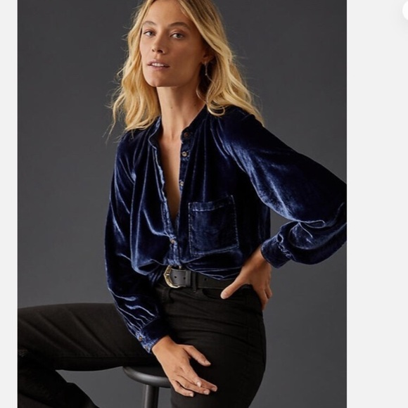 Anthropologie Pilcro Blue Velvet Button down long sleeve size S - Picture 2 of 12